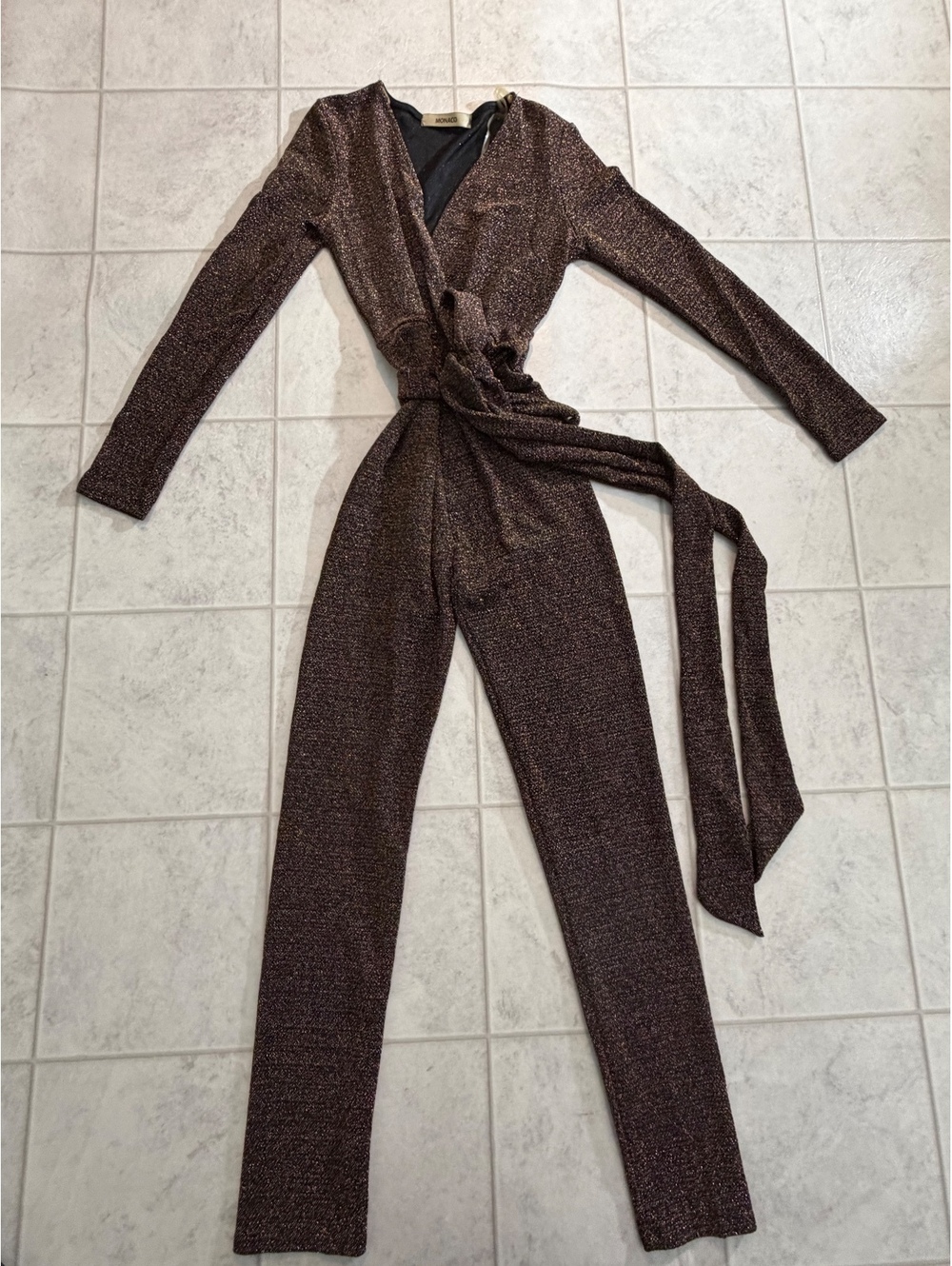 Monaco brown metallic wrap jumpsuit
